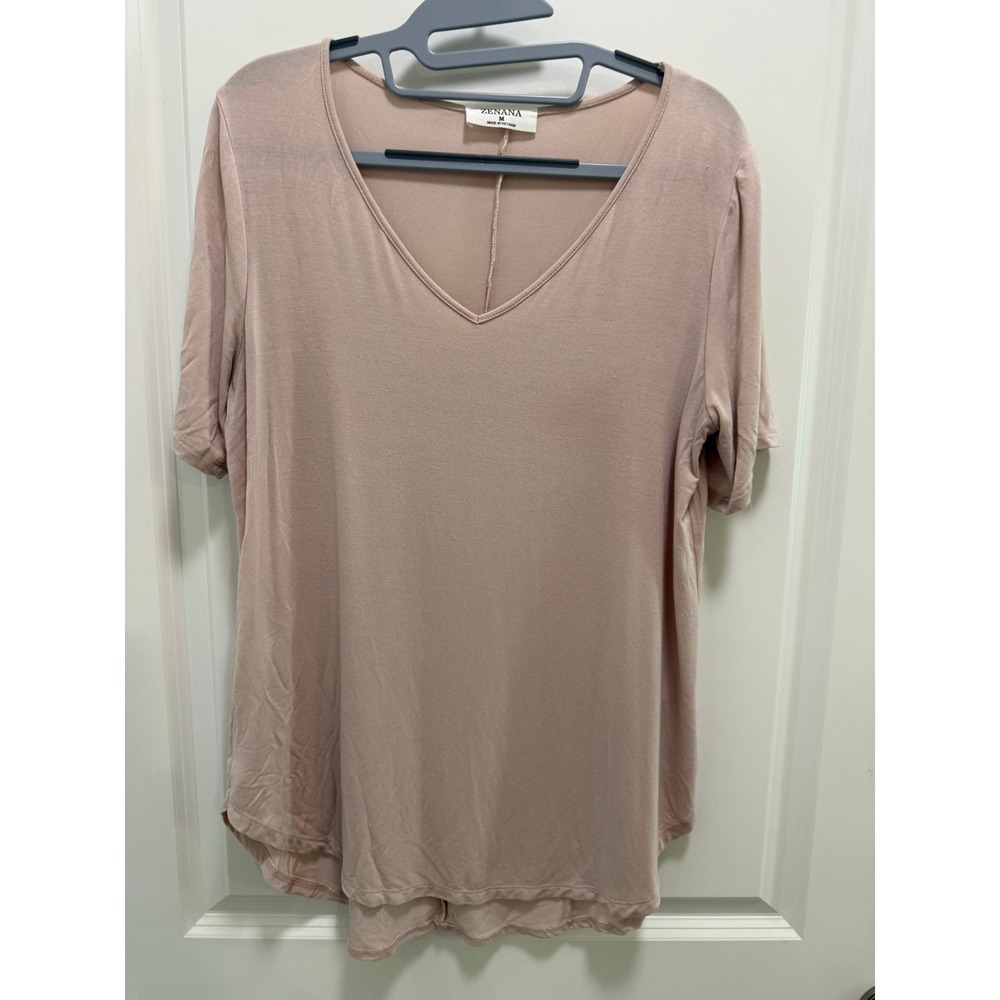 Zenana Womens V-Neck Short Sleeve High Low Hem Top Dusty Rose Mauve Size M
